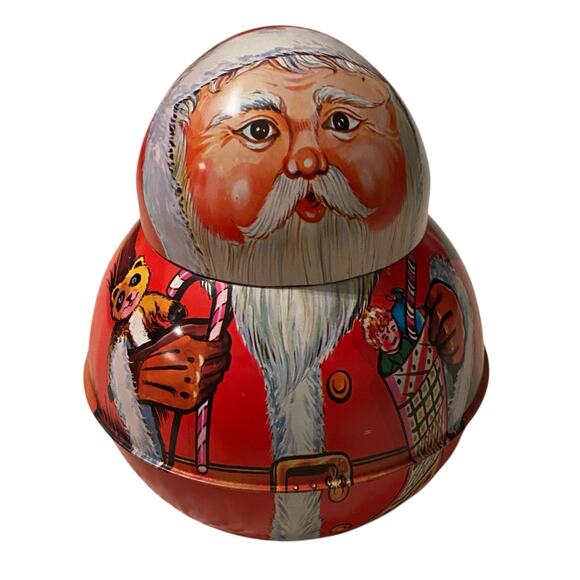 Vintage Roll Poly Santa Metal Tin Tobacco Candy Hong Kong St Nick Christmas Deco - Picture 3 of 14